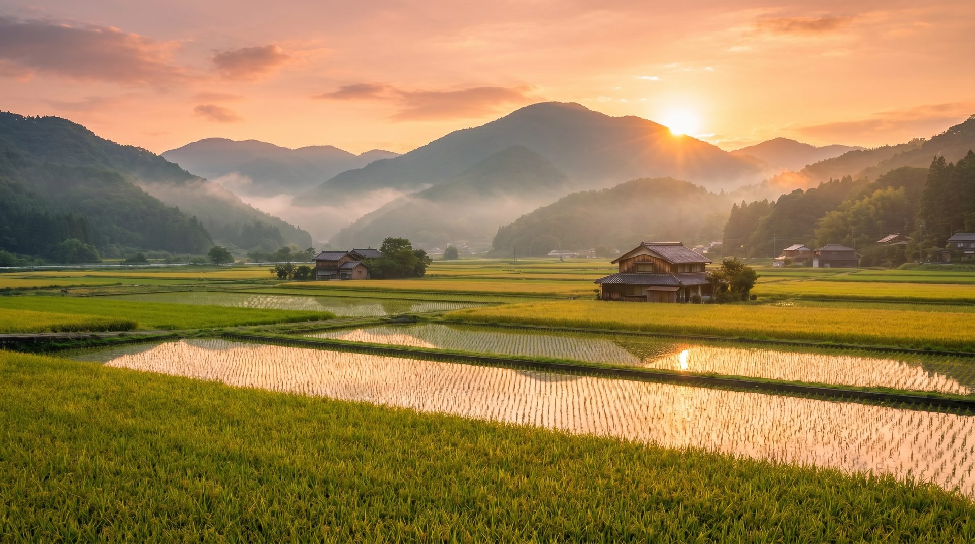 今治の里山に広がる田んぼの夕景