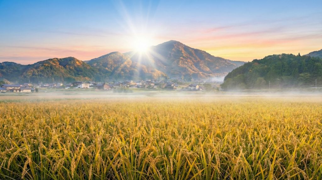 今治の黄金色の稲穂と朝日